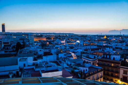 Architecture of Seville at sunset. Seville, Andalusia, Spain.