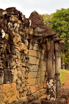 Closeup of the bas-reliefs on the Terrace of the Elephants in the Angkor complex, Cambodia