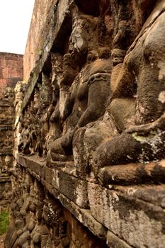 Closeup of the bas-reliefs on the Terrace of the Elephants in the Angkor complex, Cambodia
