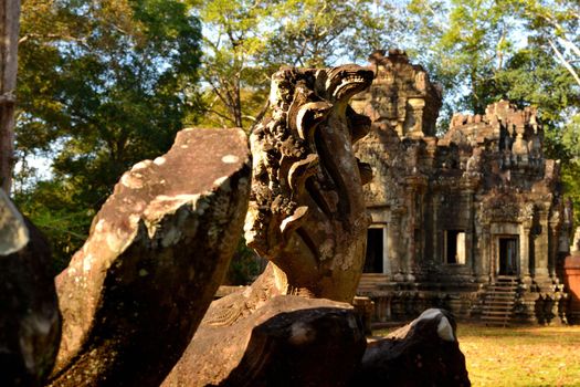 Closeup fa a Naga statue in the Angkor complex, Cambodia