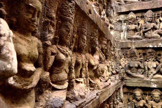 Closeup of the bas-reliefs on the Terrace of the Elephants in the Angkor complex, Cambodia