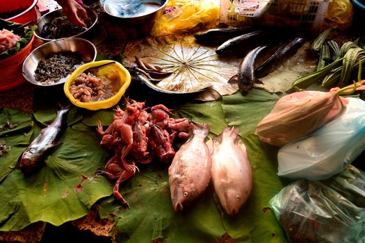 Fish specialties of Cambodian cuisine in a market stall in Battambang