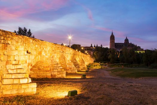 Catedral Nueva de Salamanca and Roman Bridge. Salamanca, Castile and Leon, Spain.