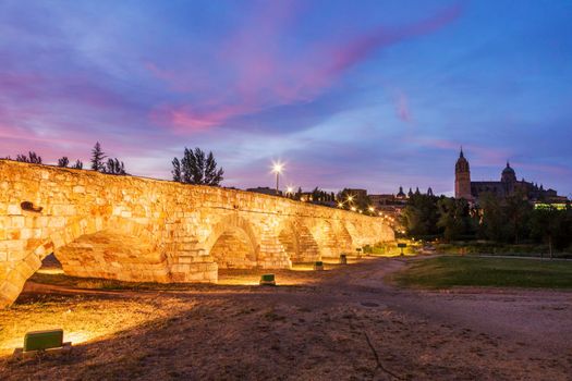 Catedral Nueva de Salamanca and Roman Bridge. Salamanca, Castile and Leon, Spain.