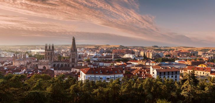 Burgos Cathedral and city panorama at sunrise. Burgos, Castile and Leon, Spain.