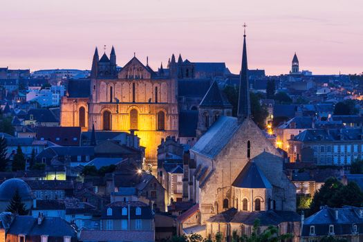 Panorama of Poitiers with Cathedral of Saint Peter at sunset. Poitiers, Nouvelle-Aquitaine, France.