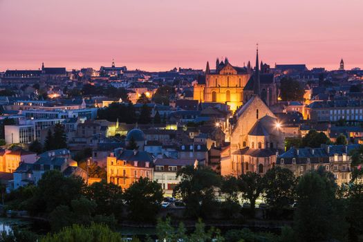Panorama of Poitiers with Cathedral of Saint Peter at sunset. Poitiers, Nouvelle Aquitaine, France.