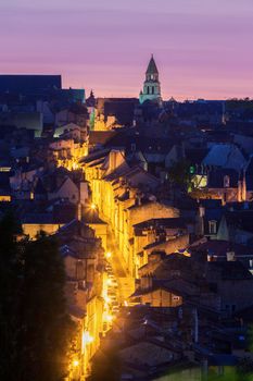 Panorama of Poitiers at sunset with Notre-Dame la Grande Church. Poitiers, Nouvelle-Aquitaine, France.