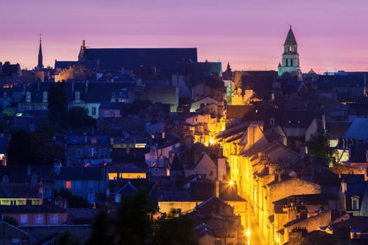 Panorama of Poitiers at sunset with Notre-Dame la Grande Church. Poitiers, Nouvelle-Aquitaine, France.
