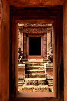 View of a door of a beautiful temple in the Angkor complex, Cambodia