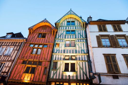 Old architecture of Troyes at night. Troyes, Grand Est, France.