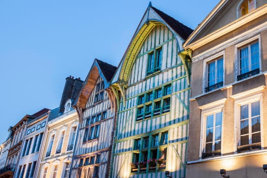 Old architecture of Troyes at night. Troyes, Grand Est, France.
