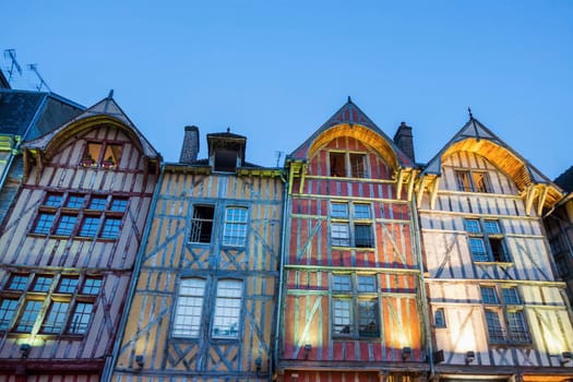 Old architecture of Troyes at night. Troyes, Grand Est, France.
