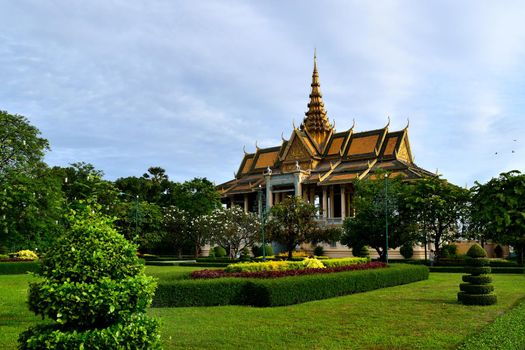 View of a building and adjacent gardens in the Royal Palace complex of Phnom Penh, Cambodia