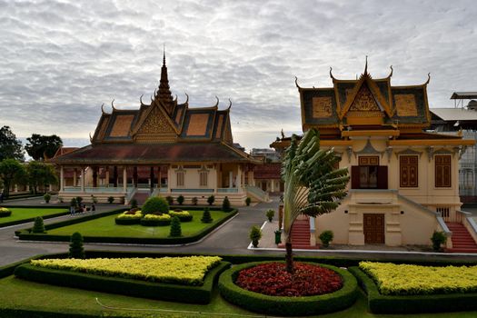 View of a building and adjacent gardens in the Royal Palace complex of Phnom Penh, Cambodia