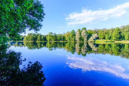 Summer evening in the Park with a lake. Summer landscape. nature of Russia. Well-maintained Park. Evening smoothness. The reflection in the water. Photo concept for printed products and puzzles