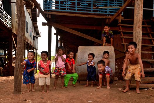 January 5th 2017, Closeup of a group of Cambodian children in the floating village of Kampong Khleang, Cambodia