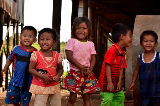 January 5th 2017, Closeup of a group of Cambodian children in the floating village of Kampong Khleang, Cambodia