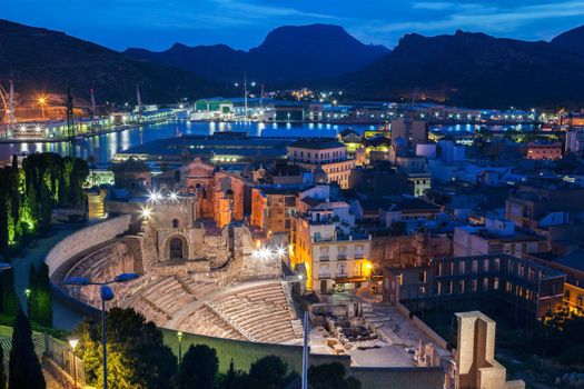 Roman Theatre and panorama of Cartagena. Cartagena, Murcia, Spain.