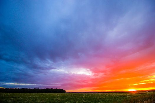 Sunset in the field during the rain . Summer landscape. A pink sunset. Evening light. Landscape. Nature. The sun is setting.