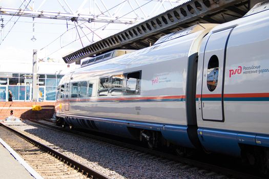 Peregrines at the station . Passenger transport. Speed train. Article about the peregrine Falcon schedule. Saint Petersburg - Moscow. Russia, Saint Petersburg 30 July 2020