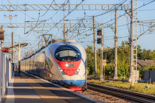 Peregrine Falcon stop . Speed train. The Route Moscow - Saint-Petersburg. the transportation of passengers. Transport. Russian railway. Train ticket. Travel around the country. Trip to the capital. Prices for railway tickets. Russia, Novgorod region, Chudovo, August 17, 2020