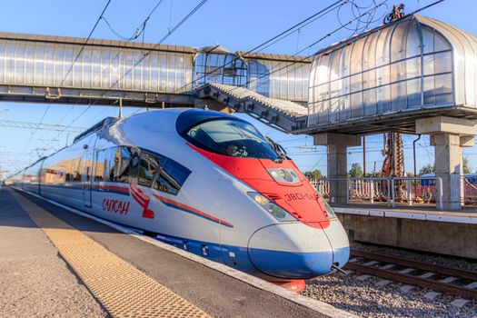 Peregrine Falcon stop . Speed train. The Route Moscow - Saint-Petersburg. the transportation of passengers. Transport. Russian railway. Train ticket. Travel around the country. Trip to the capital. Prices for railway tickets. Russia, Novgorod region, Chudovo, August 17, 2020