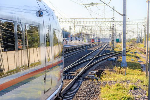 Peregrine Falcon stop . Speed train. The Route Moscow - Saint-Petersburg. the transportation of passengers. Transport. Russian railway. Train ticket. Travel around the country. Trip to the capital. Prices for railway tickets. Russia, Novgorod region, Chudovo, August 17, 2020