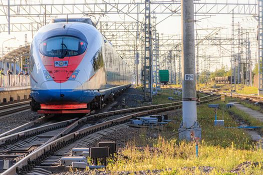 Peregrine Falcon stop . Speed train. The Route Moscow - Saint-Petersburg. the transportation of passengers. Transport. Russian railway. Train ticket. Travel around the country. Trip to the capital. Prices for railway tickets. Russia, Novgorod region, Chudovo, August 17, 2020