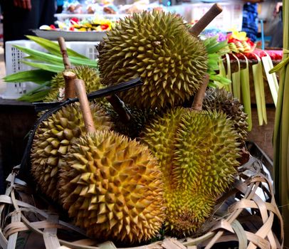 Closeup of Durian, famous stinking fruit, in a market in Bali, Indonesia