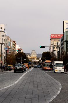 View of Himeji Castle at the bottom of the main street of the city, Japan