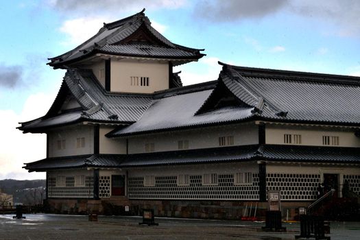 Closeup of Kanazawa castle during the winter season, Japan