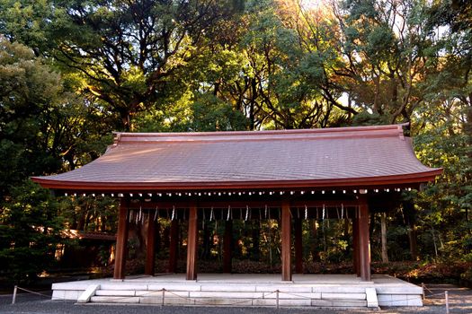 Closeup of a wooden structure inside the Shinto shrine of Meiji Jingu, Tokyo