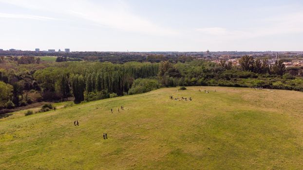 Aerial view of a public park in Rome, Italy, during the national holiday of April 25th. Few people due to the restrictions for the Covid19 pandemic.