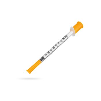 Levitation insulin syringe isolated on a white background with shadow under it.