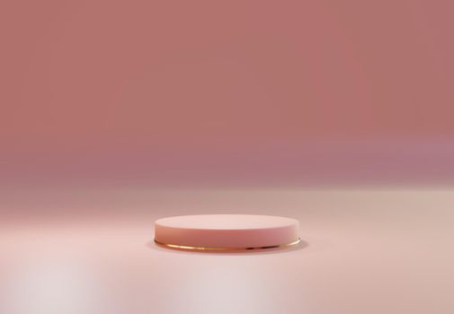 Rose gold pedestal over pink pastel natural background. . Trendy empty podium display for cosmetic product presentation, fashion magazine. Copy space 3d render