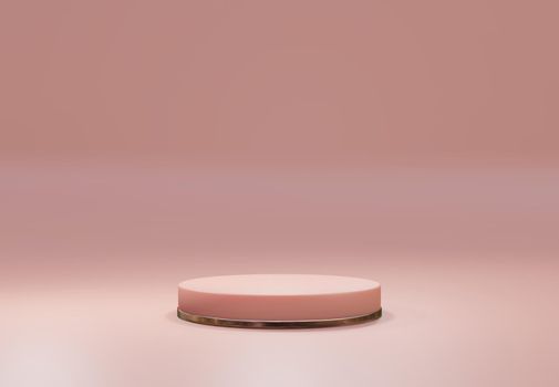 Rose gold pedestal over pink pastel natural background. . Trendy empty podium display for cosmetic product presentation, fashion magazine. Copy space 3d render