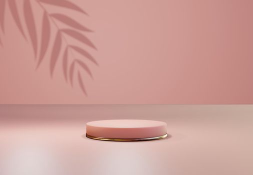 Rose gold pedestal over pastel natural background. . Trendy empty podium display for cosmetic product presentation, fashion magazine. Copy space 3d render
