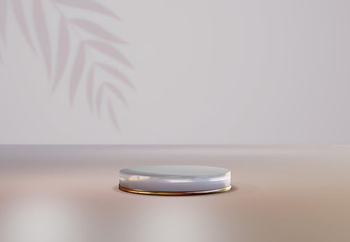 Rose gold pedestal over pastel natural background. . Trendy empty podium display for cosmetic product presentation, fashion magazine. Copy space 3d render