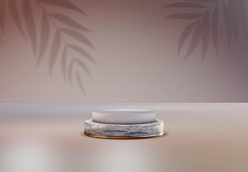 Rearl pedestal over pastel natural background. . Trendy empty podium display for cosmetic product presentation, fashion magazine. Copy space 3d render