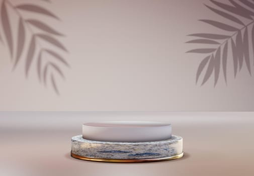 Rearl pedestal over pastel natural background. . Trendy empty podium display for cosmetic product presentation, fashion magazine. Copy space 3d render