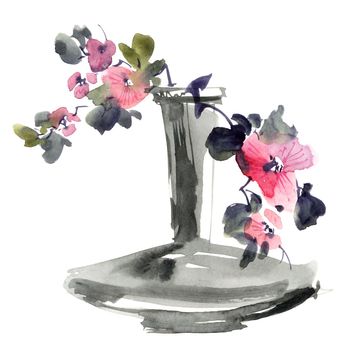 Watercolor illustration of bouquet with flowers, buds and leaves. Oriental traditional painting in style sumi-e, u-sin and gohua.