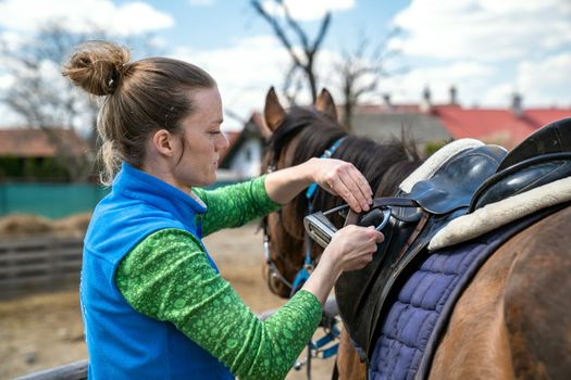 saddled horses on the farm before the ride.