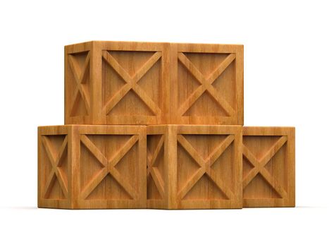 Pile of Stacked Sealed Goods Wooden Boxes, Pallet Cargo Cases Industrial Crates or Container Boxes for Storage, Logistic Transportation and Delivery, Warehouse Concept, 3d Illustration