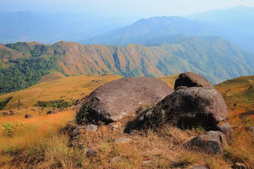 The mountain meadow has large round stones.