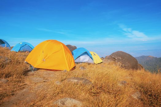 Set up a tent on the hill Full of grasslands