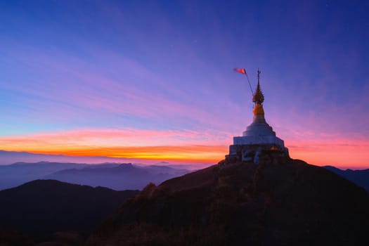 The pagoda on the top of the hill in the morning With an interesting twilight sky background