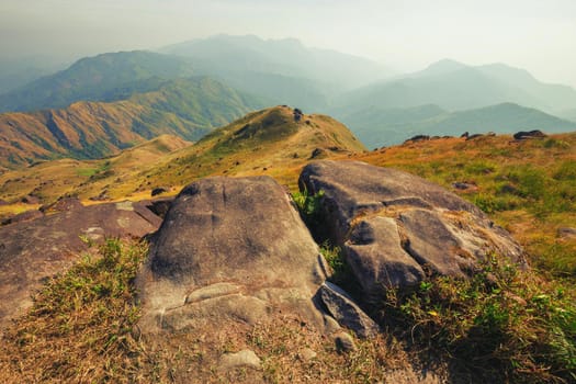 A mountain view full of grass In the evening
