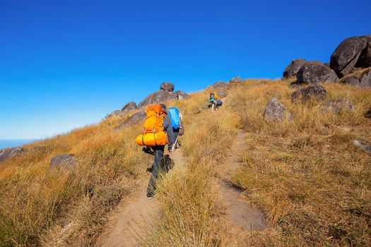Hiker departing on a mountain trail in sunny day of autumn