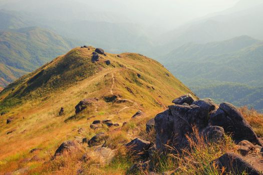 A mountain view full of grass In the evening